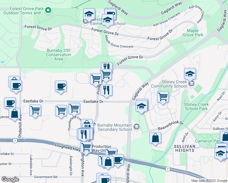 map of restaurants, bars, coffee shops, grocery stores, and more near 8536 Baxter Place in Burnaby