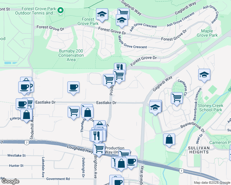 map of restaurants, bars, coffee shops, grocery stores, and more near 2880 Production Way in Burnaby