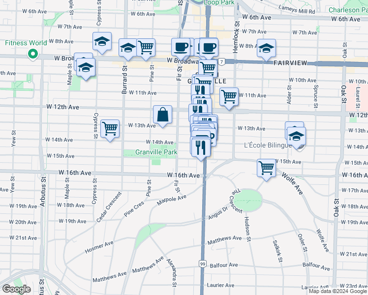 map of restaurants, bars, coffee shops, grocery stores, and more near 1596 West 14th Avenue in Vancouver