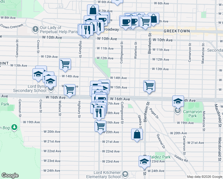 map of restaurants, bars, coffee shops, grocery stores, and more near 3578 West 15th Avenue in Vancouver