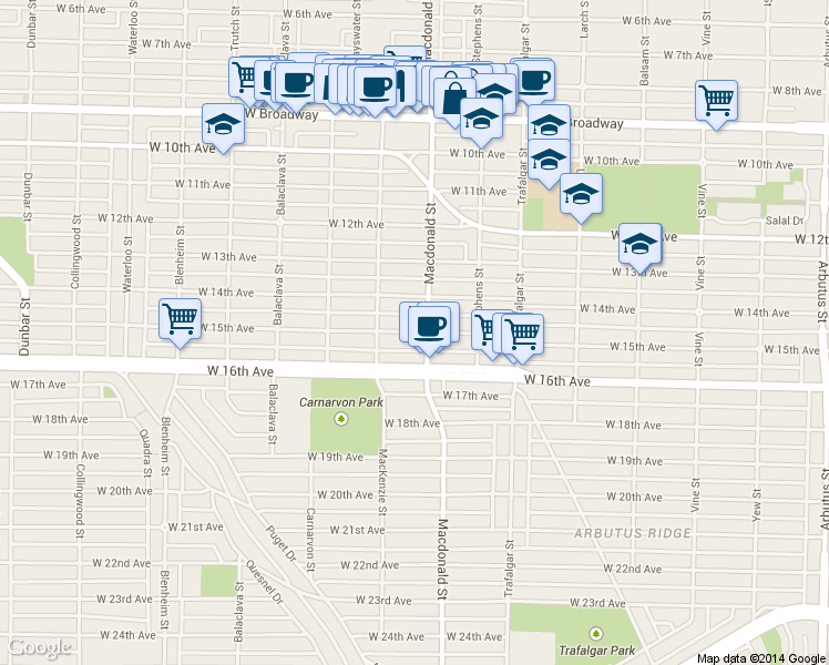 map of restaurants, bars, coffee shops, grocery stores, and more near 2826 West 15th Avenue in Vancouver