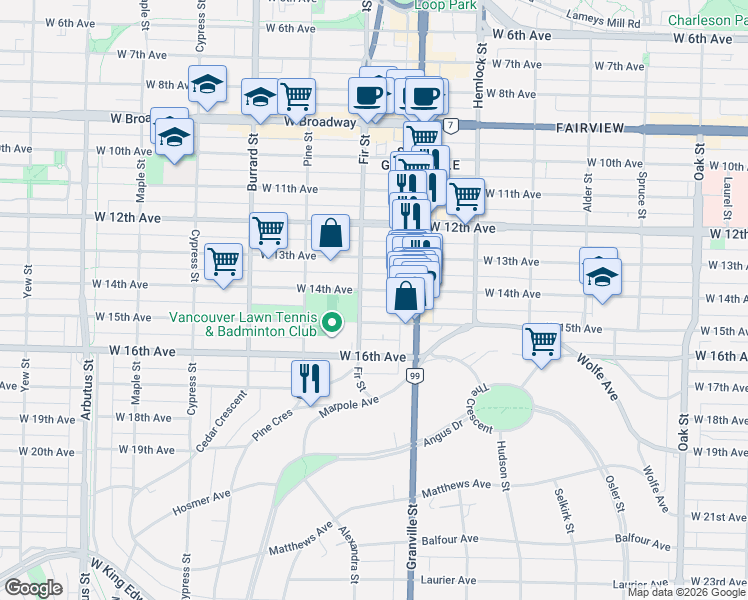 map of restaurants, bars, coffee shops, grocery stores, and more near 1596 West 14th Avenue in Vancouver