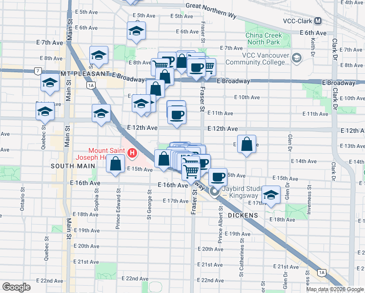 map of restaurants, bars, coffee shops, grocery stores, and more near 602 East 13th Avenue in Vancouver
