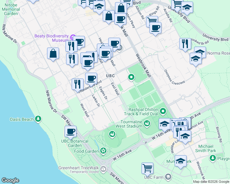 map of restaurants, bars, coffee shops, grocery stores, and more near 2561 East Mall in Vancouver