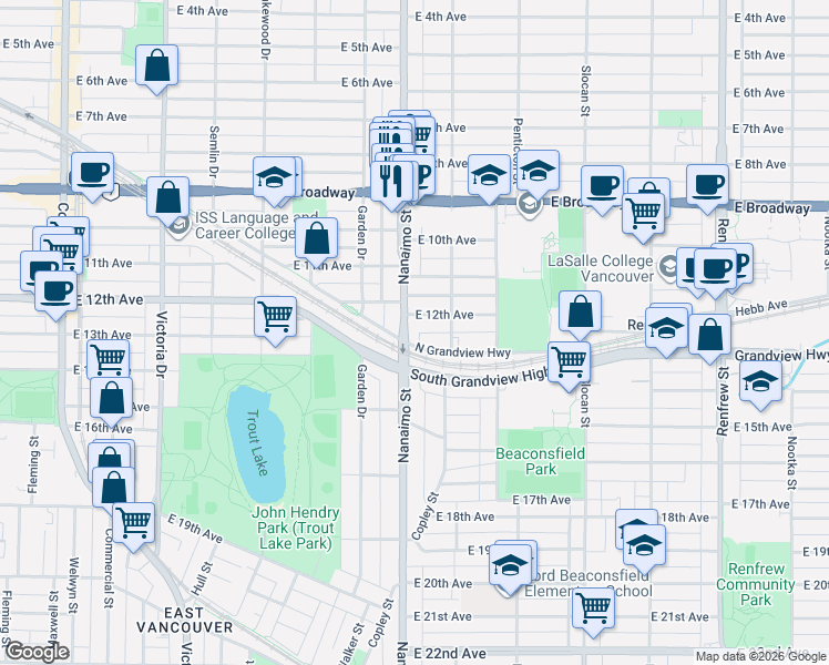 map of restaurants, bars, coffee shops, grocery stores, and more near 2830 Nanaimo Street in Vancouver