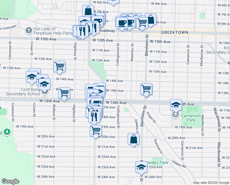 map of restaurants, bars, coffee shops, grocery stores, and more near in Vancouver