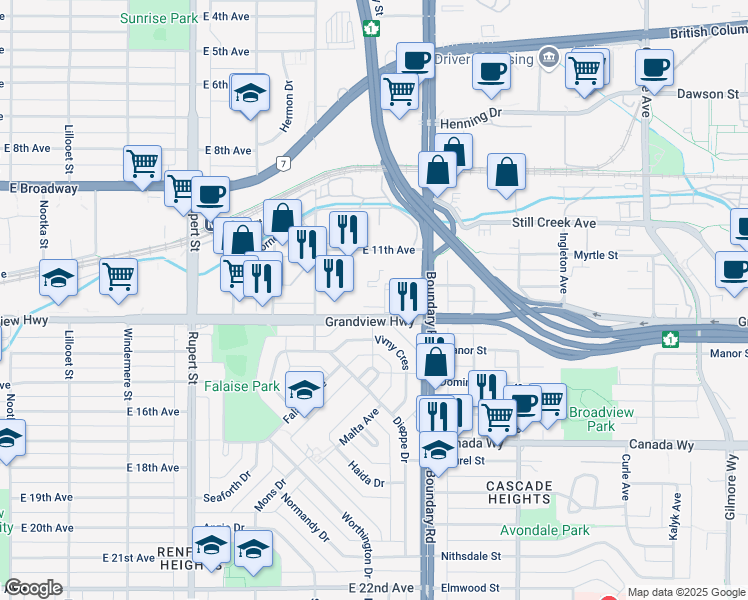 map of restaurants, bars, coffee shops, grocery stores, and more near in Vancouver