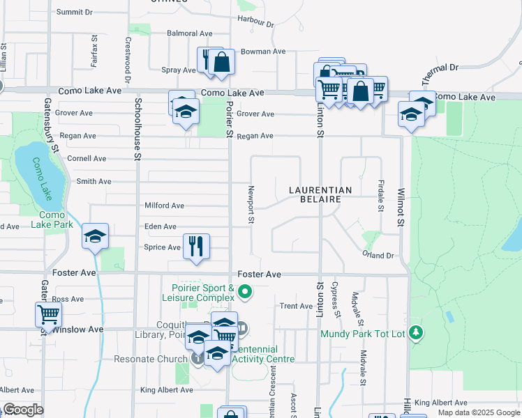map of restaurants, bars, coffee shops, grocery stores, and more near 1760 Rideau Ave in Coquitlam