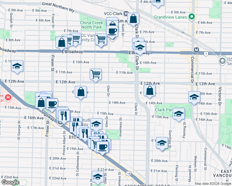 map of restaurants, bars, coffee shops, grocery stores, and more near in Vancouver