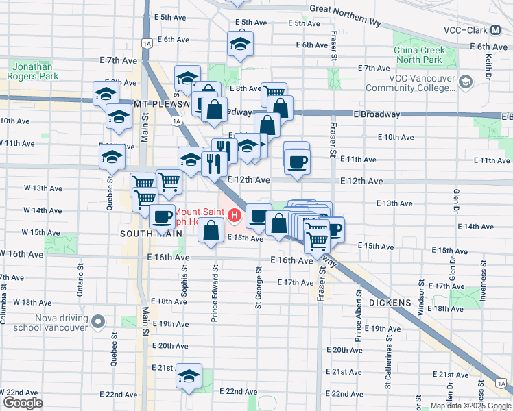 map of restaurants, bars, coffee shops, grocery stores, and more near in Vancouver