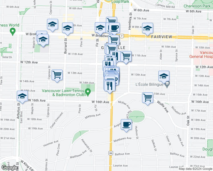 map of restaurants, bars, coffee shops, grocery stores, and more near in Vancouver