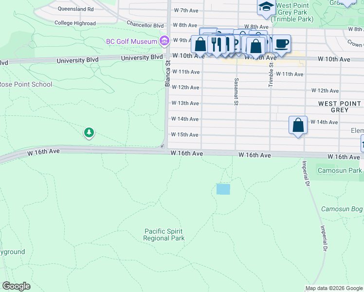 map of restaurants, bars, coffee shops, grocery stores, and more near 4651 West 16th Avenue in Vancouver