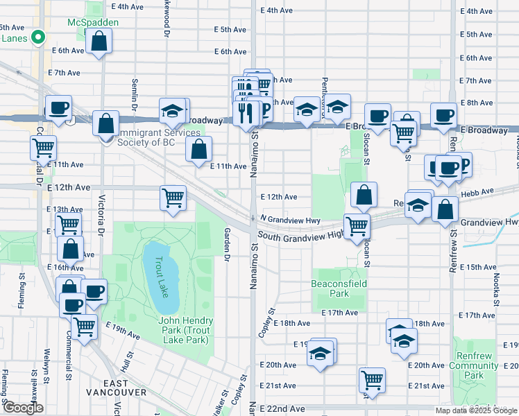map of restaurants, bars, coffee shops, grocery stores, and more near 2830 Nanaimo Street in Vancouver