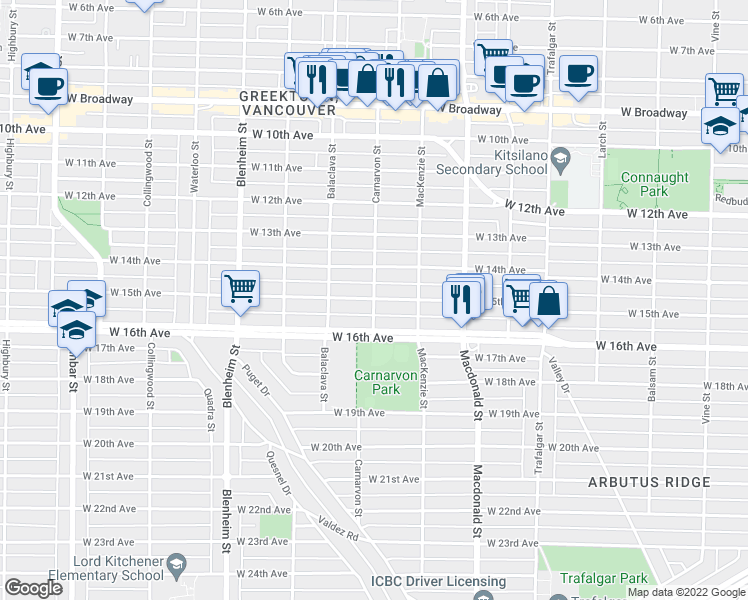 map of restaurants, bars, coffee shops, grocery stores, and more near 3000 West 15th Avenue in Vancouver