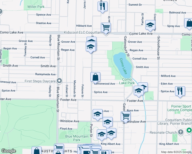 map of restaurants, bars, coffee shops, grocery stores, and more near 1054 Milford Avenue in Coquitlam