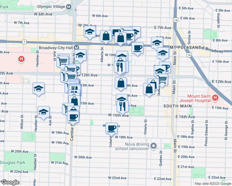 map of restaurants, bars, coffee shops, grocery stores, and more near 165 West 14th Avenue in Vancouver