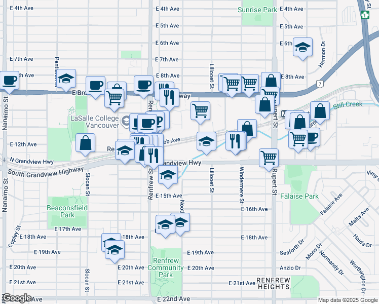 map of restaurants, bars, coffee shops, grocery stores, and more near 3003 Grandview Highway in Vancouver