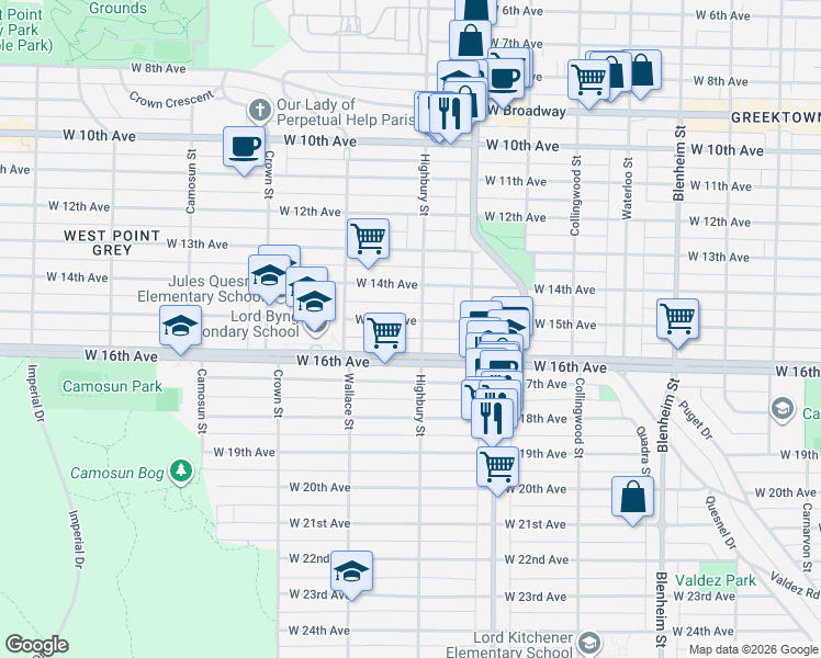 map of restaurants, bars, coffee shops, grocery stores, and more near 3812 West 15th Avenue in Vancouver