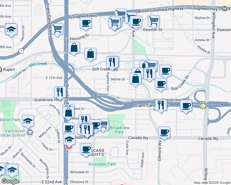 map of restaurants, bars, coffee shops, grocery stores, and more near 2808 Ingleton Avenue in Burnaby