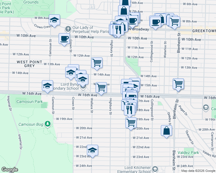map of restaurants, bars, coffee shops, grocery stores, and more near 3812 West 15th Avenue in Vancouver