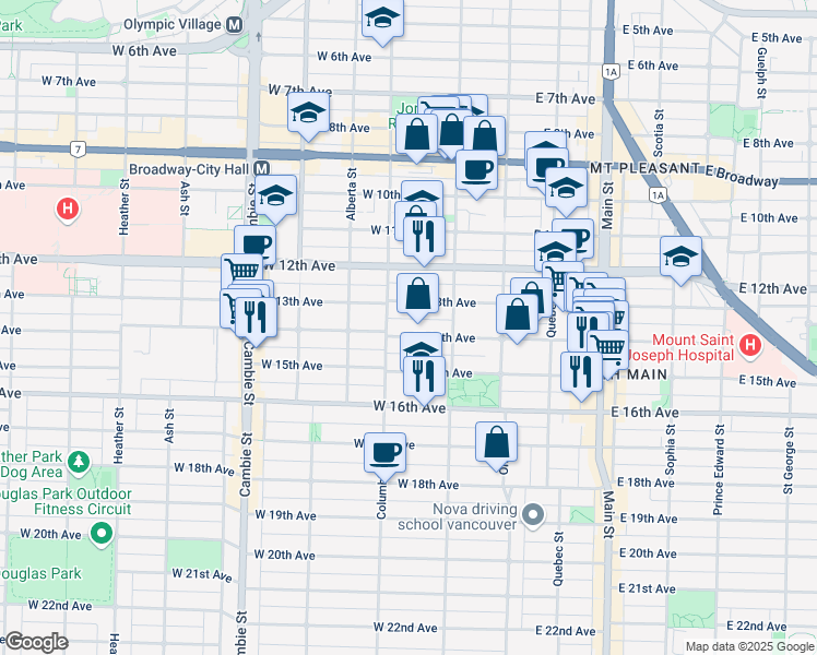 map of restaurants, bars, coffee shops, grocery stores, and more near 151 West 14th Avenue in Vancouver
