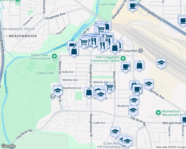 map of restaurants, bars, coffee shops, grocery stores, and more near 2380 Shaughnessy Street in Port Coquitlam