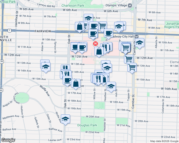 map of restaurants, bars, coffee shops, grocery stores, and more near 839 West 14th Avenue in Vancouver