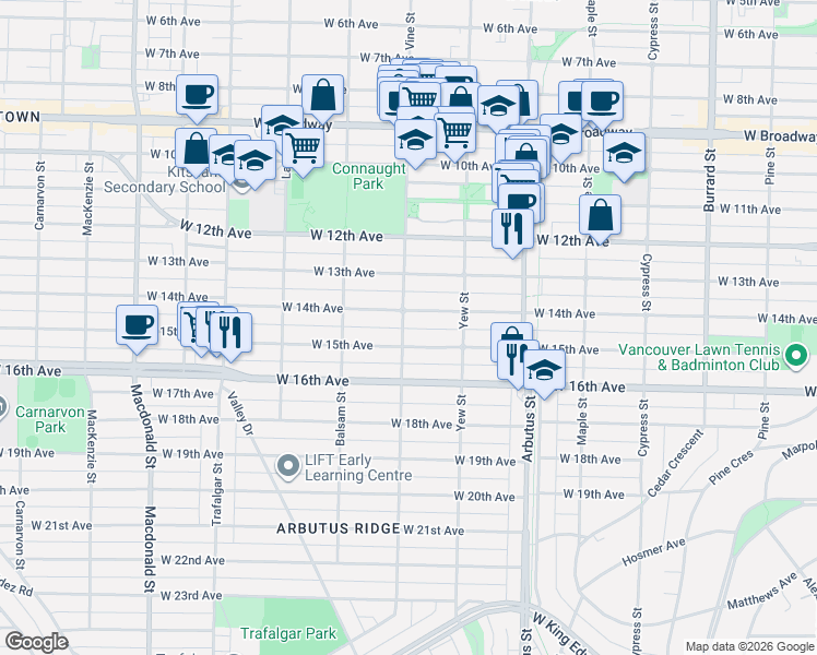 map of restaurants, bars, coffee shops, grocery stores, and more near 3038 Vine Street in Vancouver