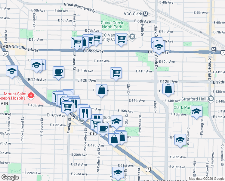 map of restaurants, bars, coffee shops, grocery stores, and more near 990 E 13th Ave in Vancouver