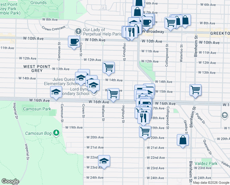 map of restaurants, bars, coffee shops, grocery stores, and more near 3838 West 15th Avenue in Vancouver