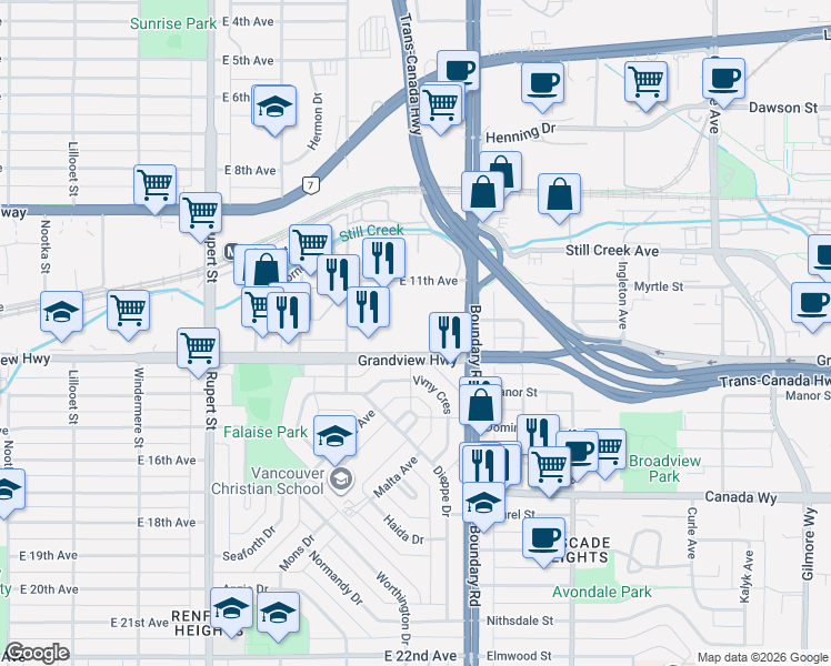 map of restaurants, bars, coffee shops, grocery stores, and more near 3605 Grandview Highway in Vancouver