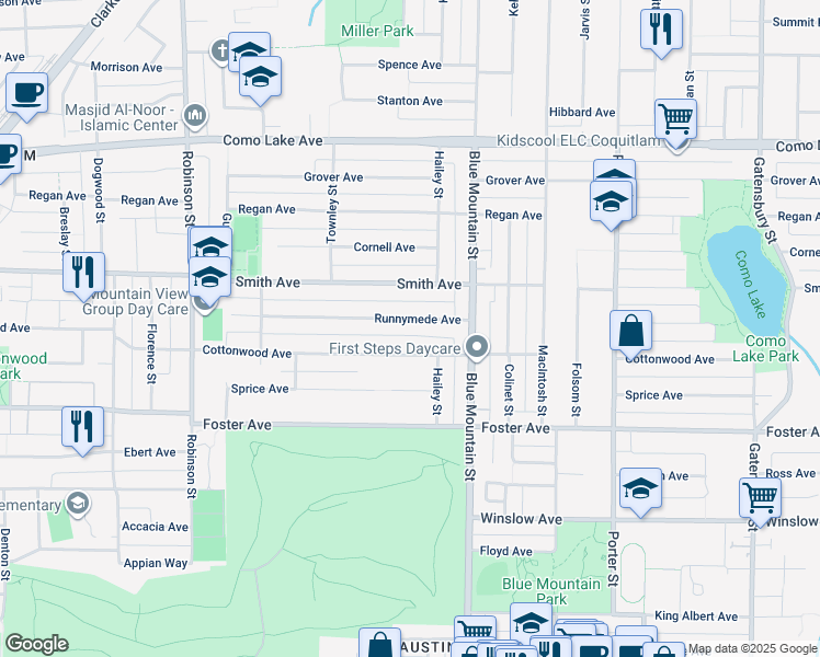map of restaurants, bars, coffee shops, grocery stores, and more near 910 Runnymede Avenue in Coquitlam