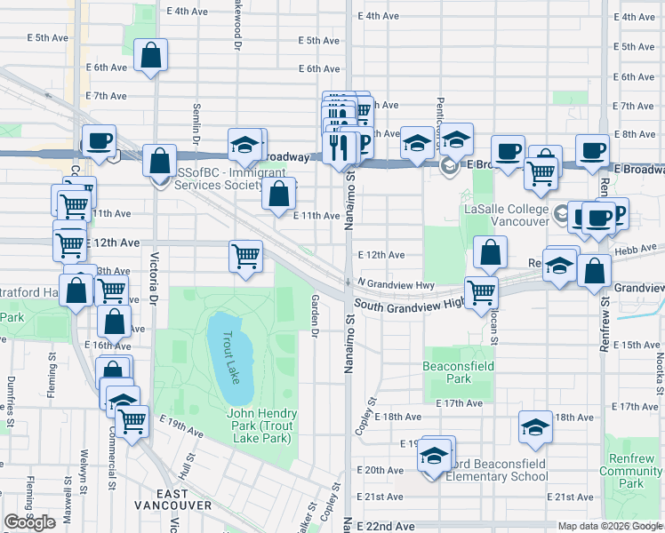 map of restaurants, bars, coffee shops, grocery stores, and more near 2407 North Grandview Highway in Vancouver