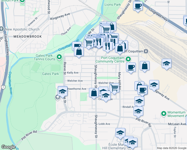 map of restaurants, bars, coffee shops, grocery stores, and more near 2381 Shaughnessy Street in Port Coquitlam