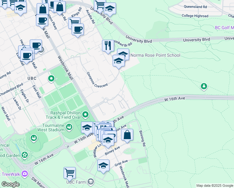 map of restaurants, bars, coffee shops, grocery stores, and more near in Vancouver