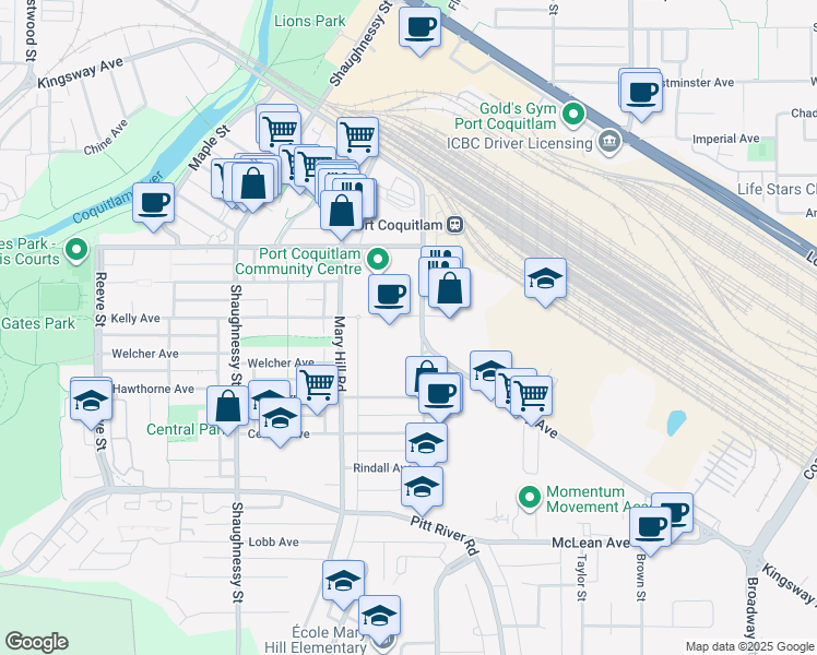 map of restaurants, bars, coffee shops, grocery stores, and more near 2180 Kelly Avenue in Port Coquitlam