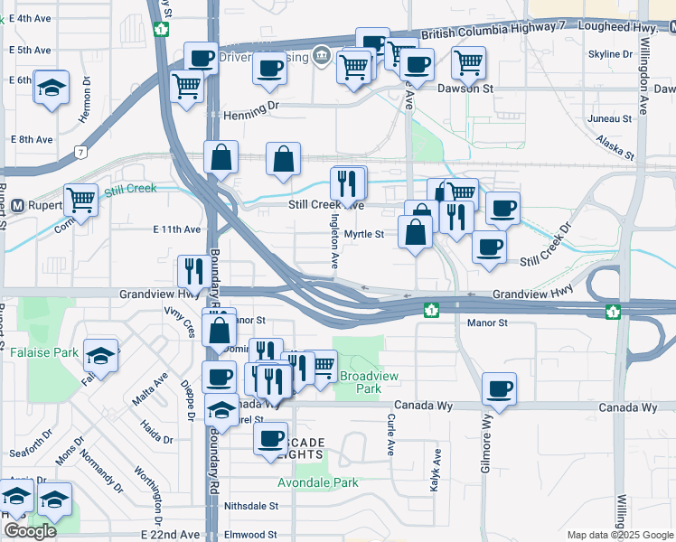 map of restaurants, bars, coffee shops, grocery stores, and more near 2808 Ingleton Ave in Burnaby