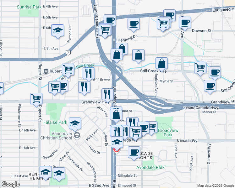 map of restaurants, bars, coffee shops, grocery stores, and more near in Burnaby