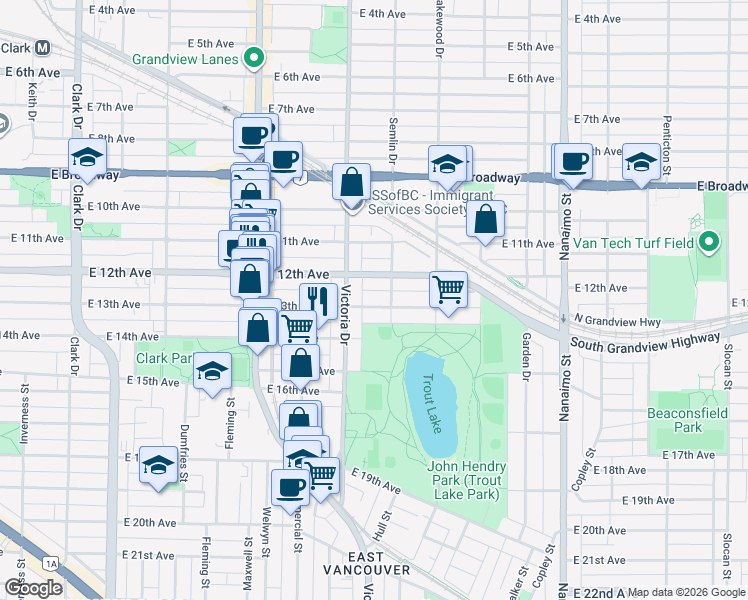 map of restaurants, bars, coffee shops, grocery stores, and more near 1967 East 13th Avenue in Vancouver