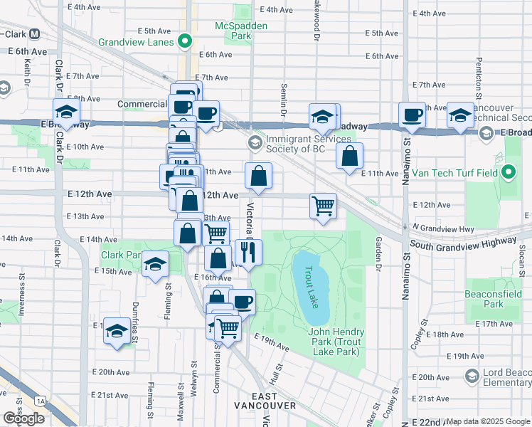 map of restaurants, bars, coffee shops, grocery stores, and more near 1945 East 13th Avenue in Vancouver