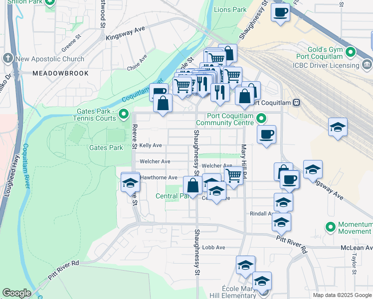 map of restaurants, bars, coffee shops, grocery stores, and more near 2338 Kelly Avenue in Port Coquitlam
