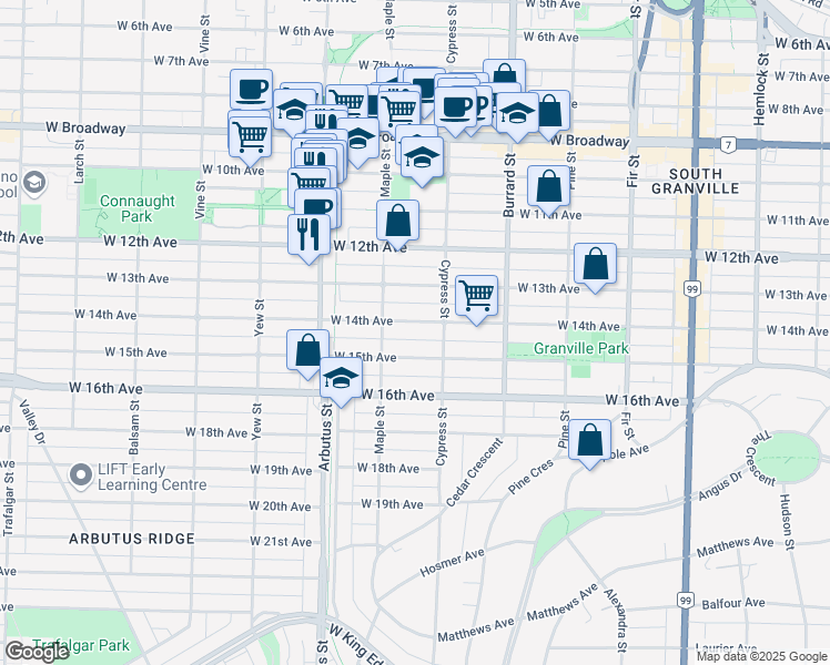 map of restaurants, bars, coffee shops, grocery stores, and more near 1940 West 14th Avenue in Vancouver