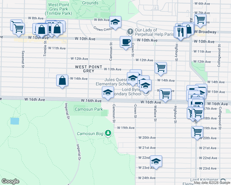 map of restaurants, bars, coffee shops, grocery stores, and more near 4080 West 15th Avenue in Vancouver