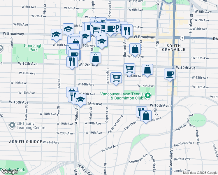 map of restaurants, bars, coffee shops, grocery stores, and more near 1896 West 14th Avenue in Vancouver