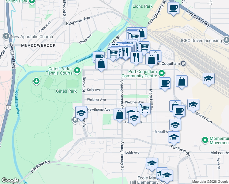 map of restaurants, bars, coffee shops, grocery stores, and more near 2342 Kelly Avenue in Port Coquitlam