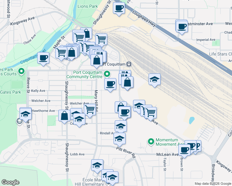 map of restaurants, bars, coffee shops, grocery stores, and more near 2180 Kelly Avenue in Port Coquitlam
