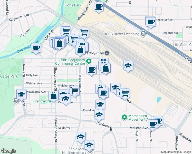 map of restaurants, bars, coffee shops, grocery stores, and more near 2180 Kelly Avenue in Port Coquitlam