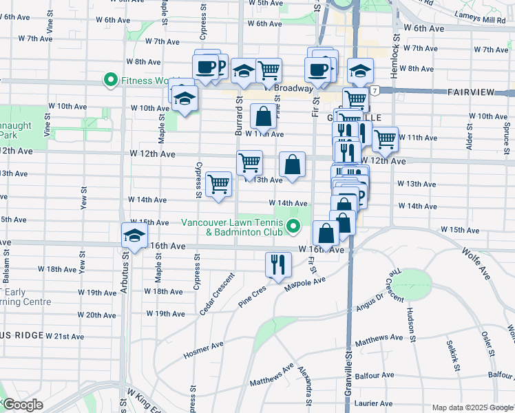 map of restaurants, bars, coffee shops, grocery stores, and more near 1744 West 14th Avenue in Vancouver
