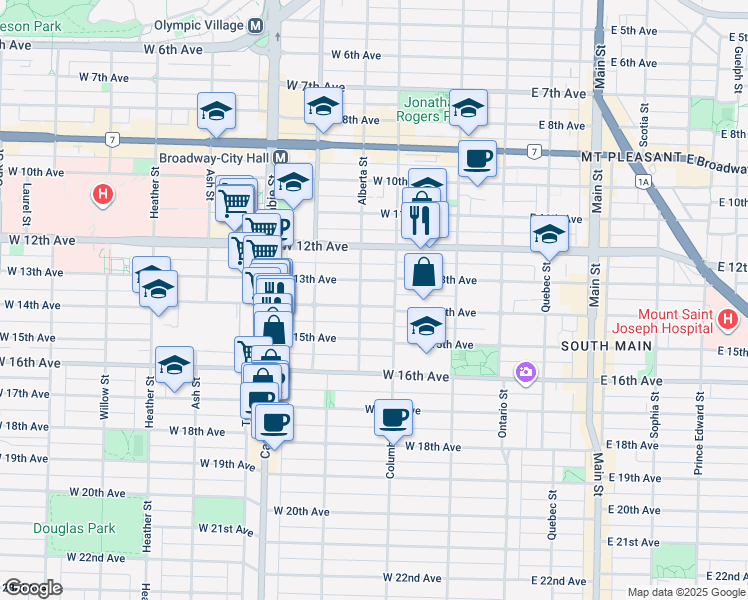 map of restaurants, bars, coffee shops, grocery stores, and more near 251 West 14th Avenue in Vancouver