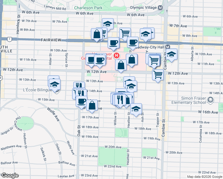 map of restaurants, bars, coffee shops, grocery stores, and more near 821 West 14th Avenue in Vancouver